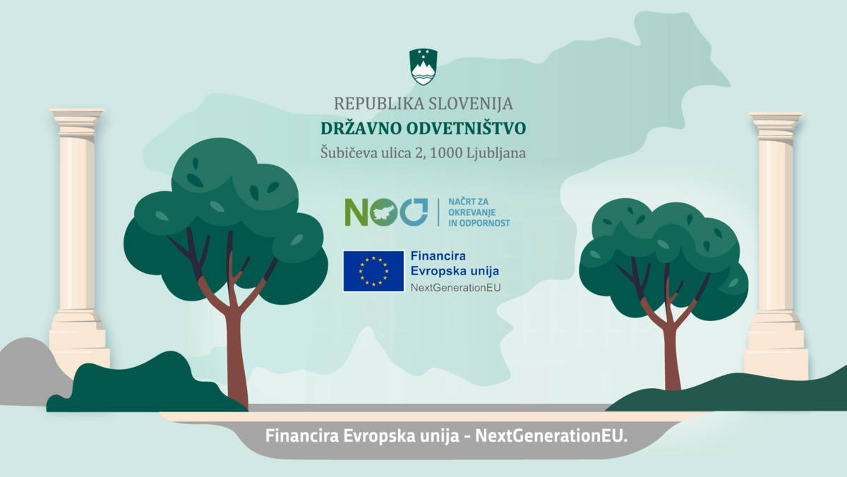 Grafika prikazuje obris Slovenije, drevesa, stebre ter logotipe Državnega odvetništva RS in Načrta za okrevanje in odpornost